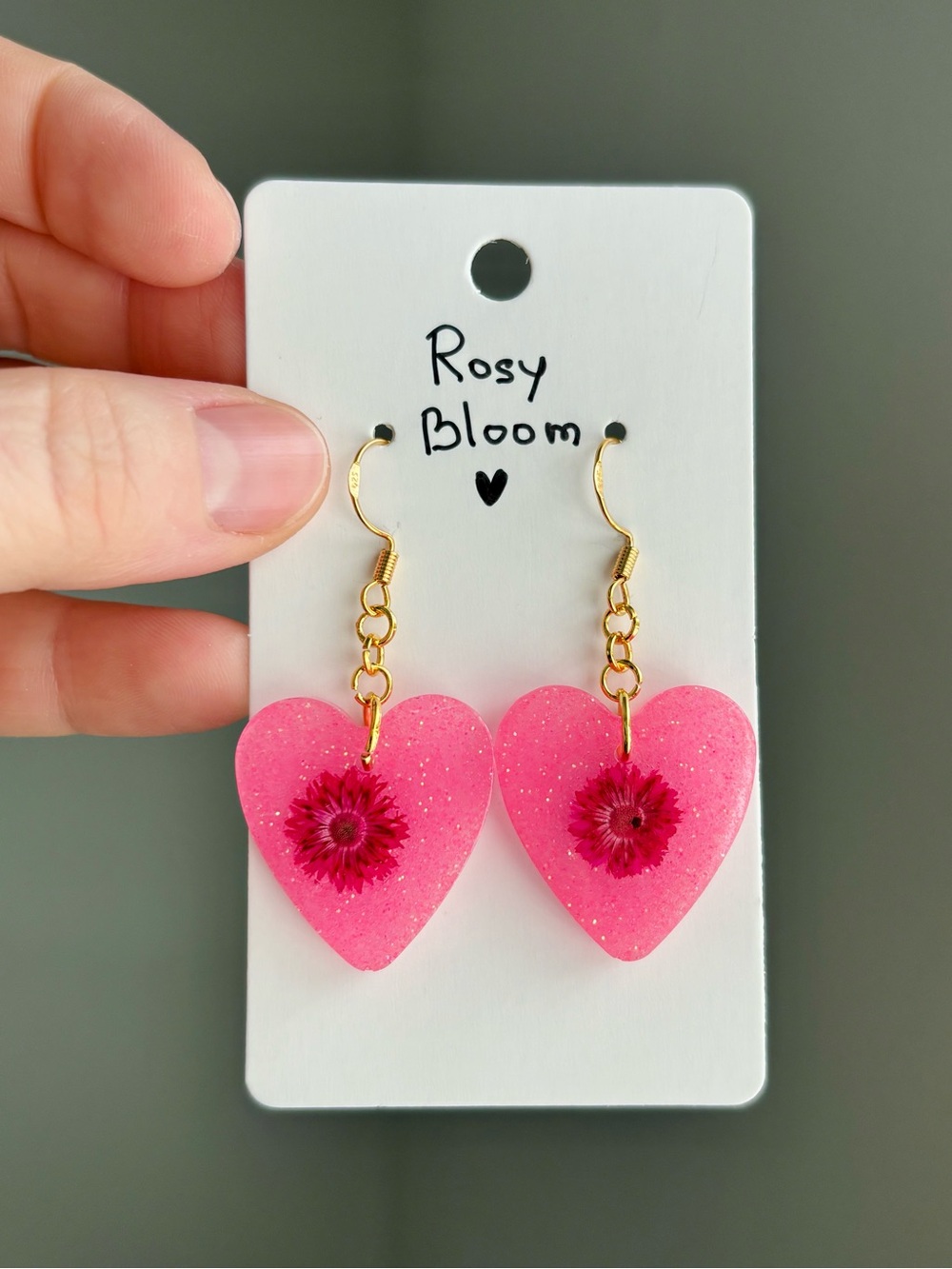 Rosy Bloom Resin Heart Earrings Handmade Real Dried Flower Pink Botanical